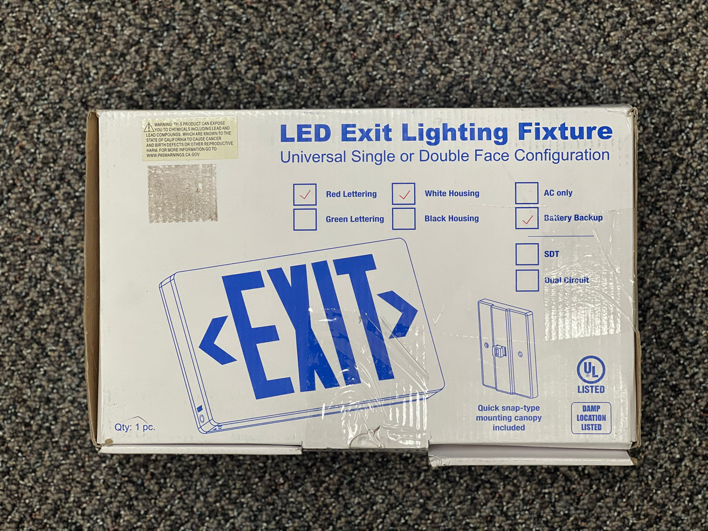 Exittronix Exit Light Fixture Model (50505) UL Listed, Battery Back Up