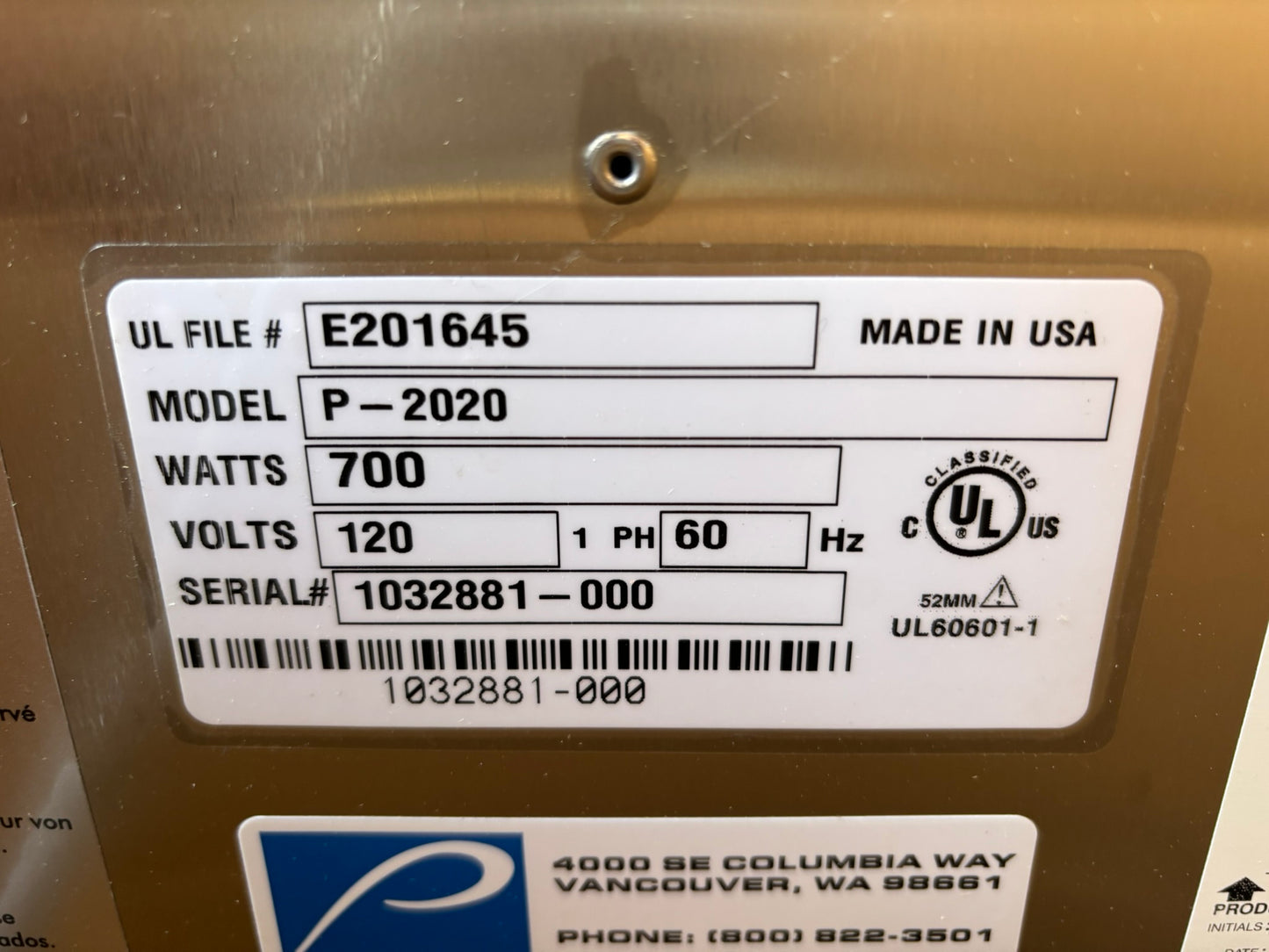 Pedigo P-2020 Hospital Grade Stainless Steel Warming Cabinet 700 Watts 120V 60Hz