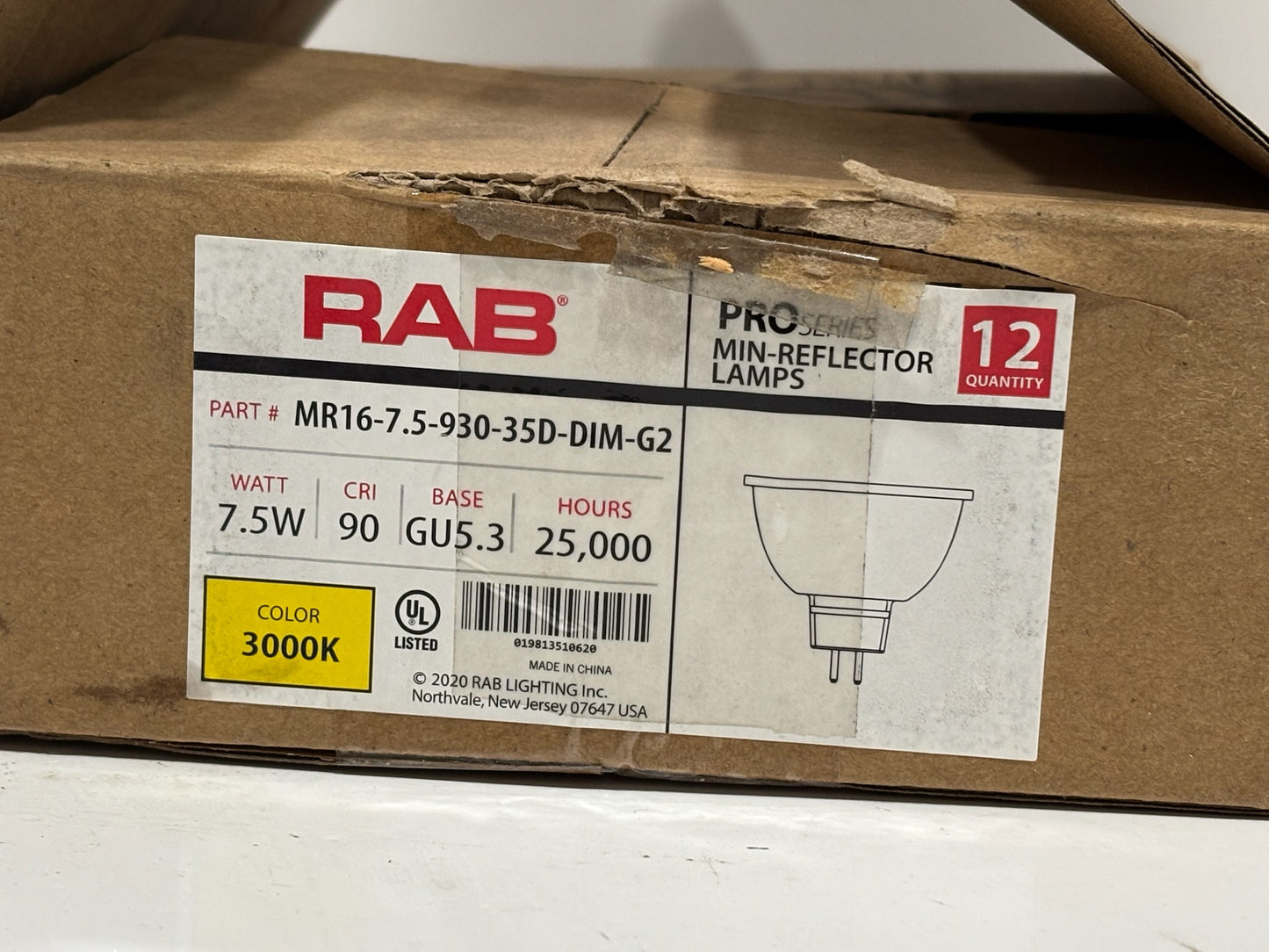 7 PK RAB 7.5W MR16 LED Bulb, 3000K, 90 CRI, 35° Beam, Dimmable, G2 Series
