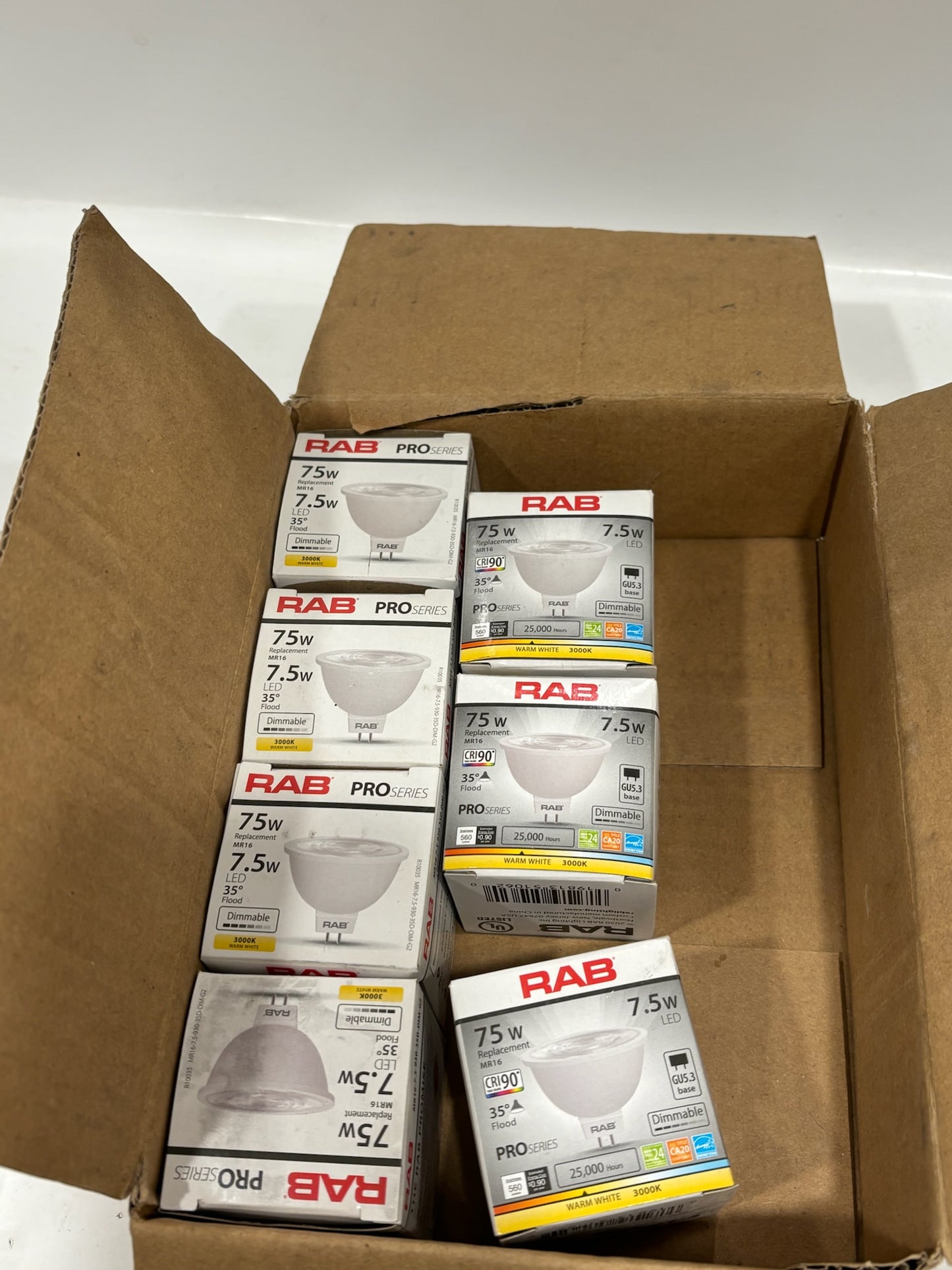 7 PK RAB 7.5W MR16 LED Bulb, 3000K, 90 CRI, 35° Beam, Dimmable, G2 Series
