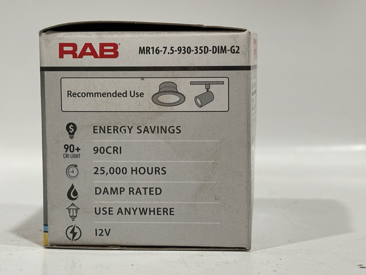 7 PK RAB 7.5W MR16 LED Bulb, 3000K, 90 CRI, 35° Beam, Dimmable, G2 Series