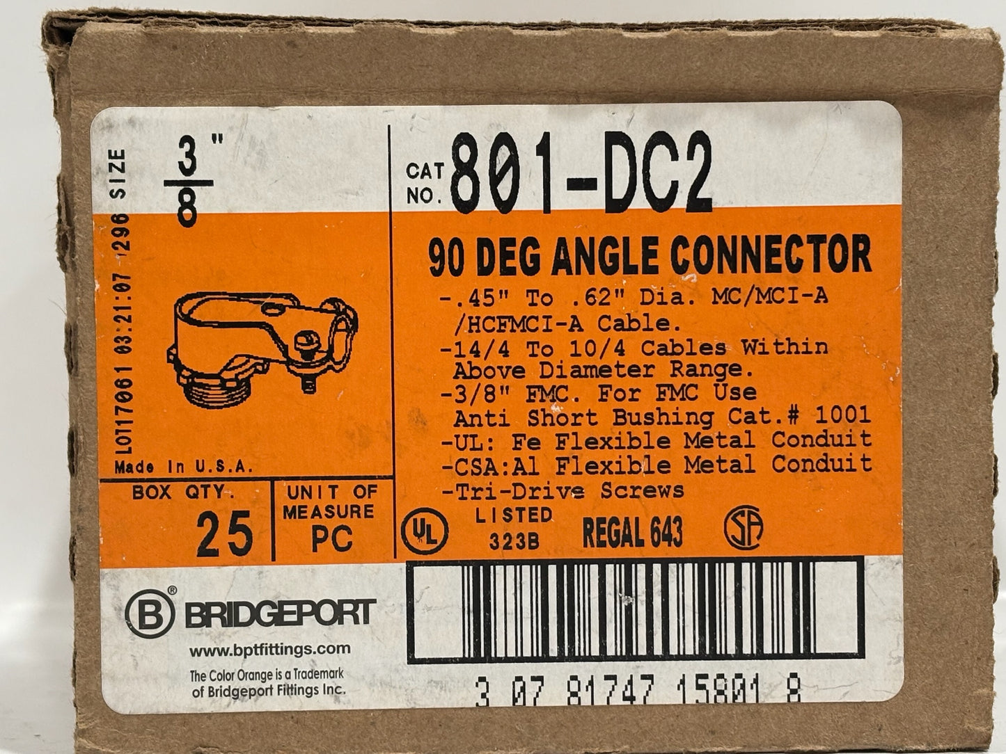 75 PK Bridgeport 801-DC2 90° Connector for 3/8" FMC/MC Cable, Die-Cast Zinc, 2-Screw