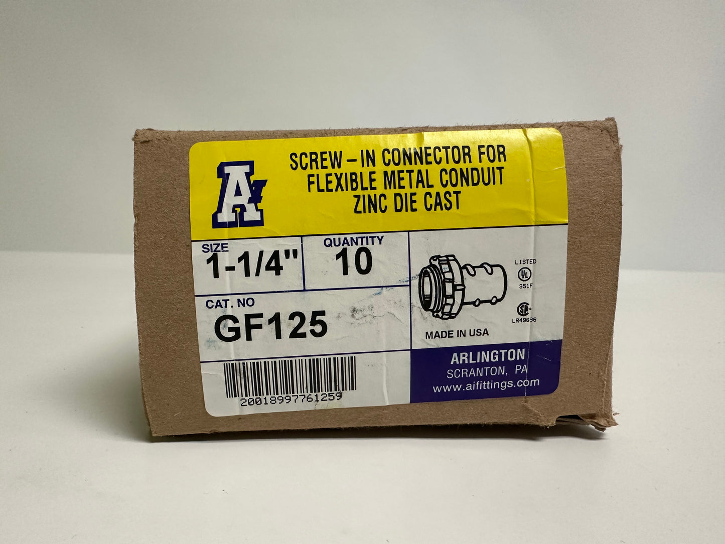 10 PK Arlington (GF125) 1 1/4" Screw-In Connector for Flex Conduit, Zinc