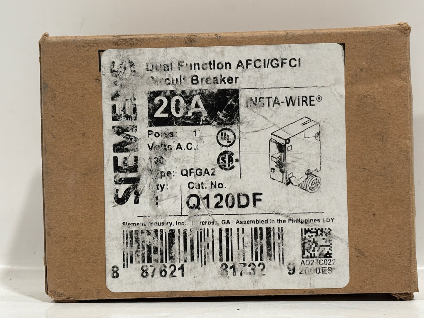 Siemens Q120DF 20A AFCI/GFCI Dual Function Circuit Breaker, 1-Pole, 120V