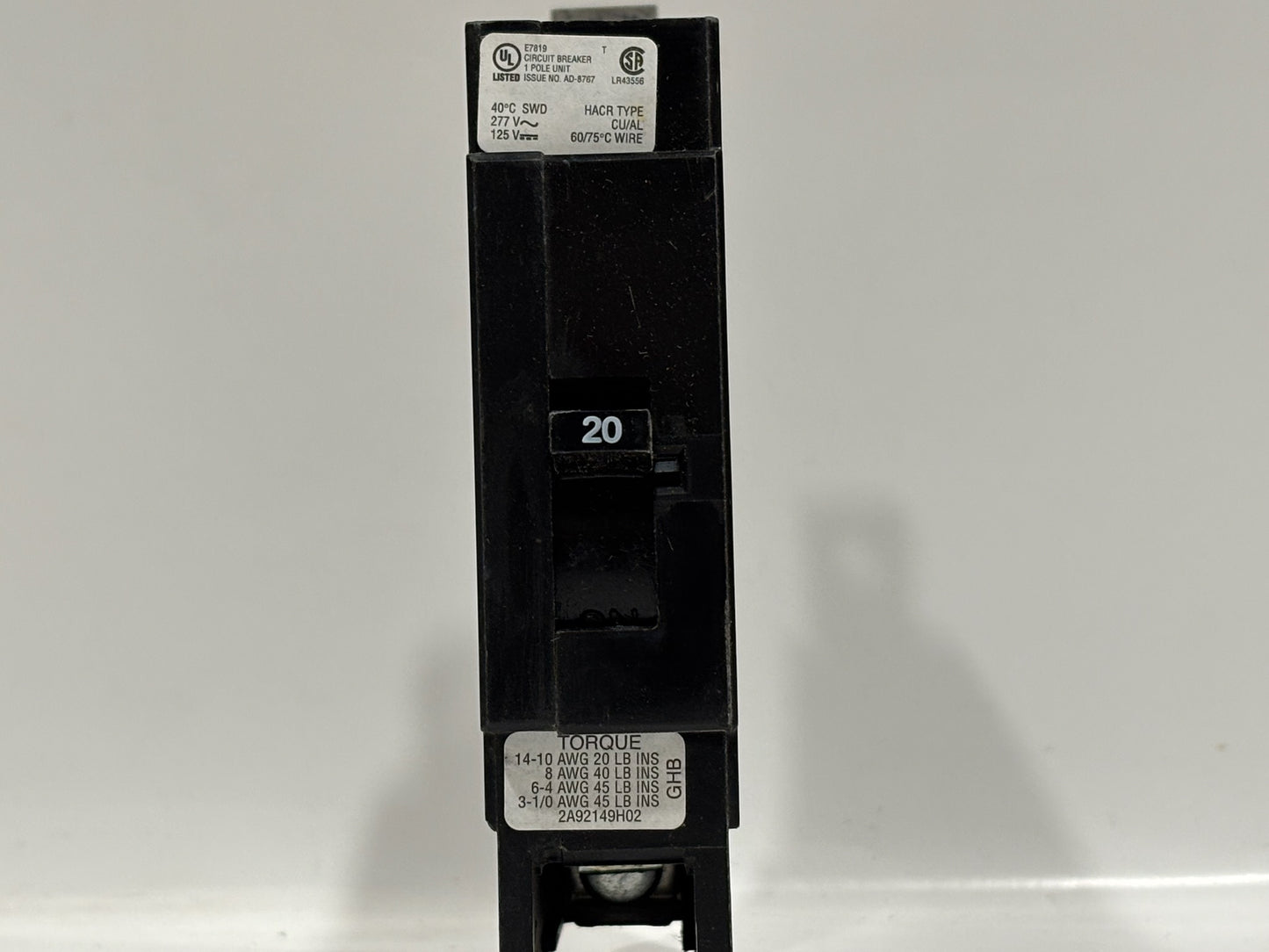 Eaton GHB1020 20A 1-Pole Bolt-On Circuit Breaker, 277/480VAC, 125VDC
