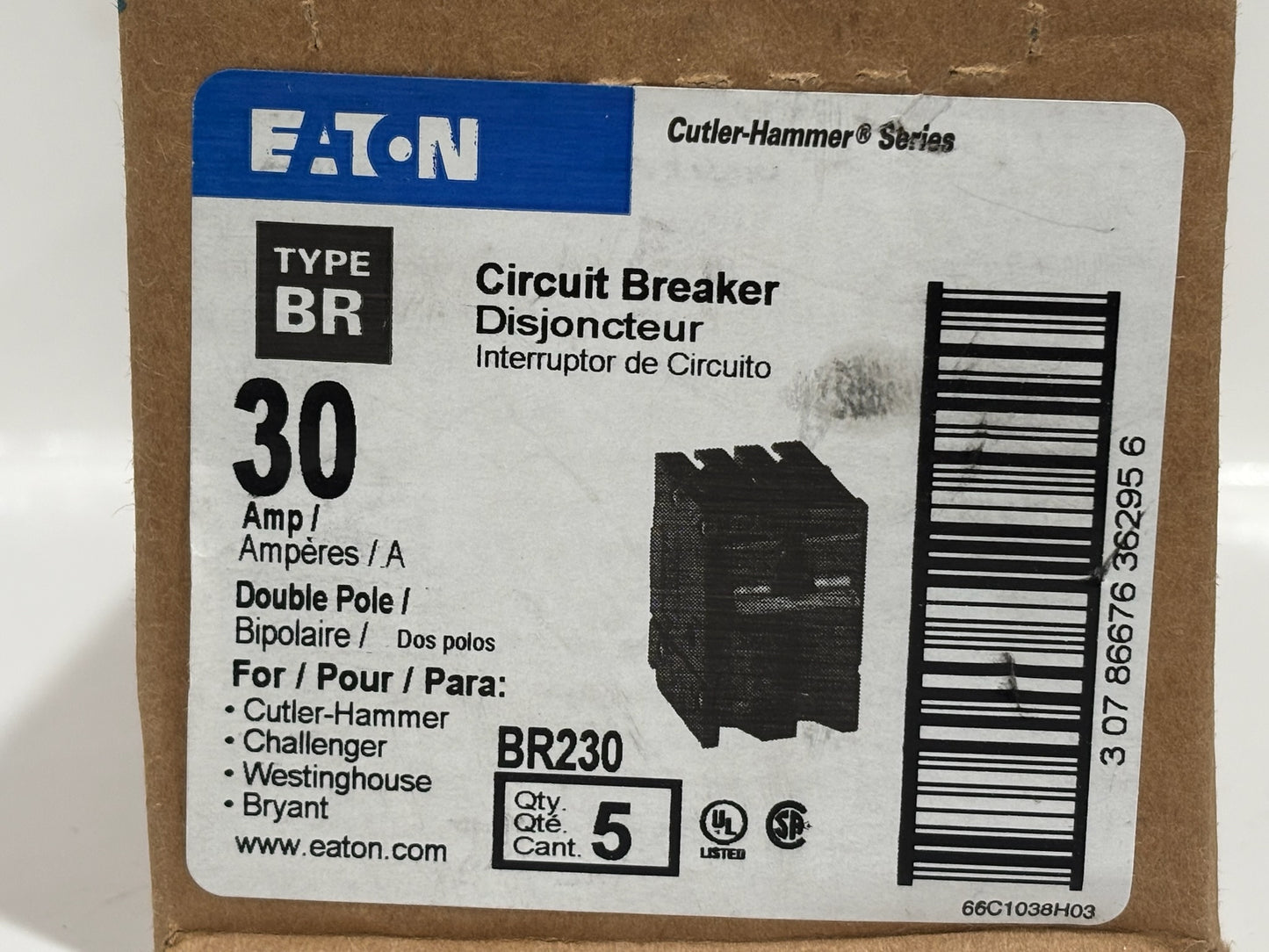 5 PK Eaton BR230 30A 2-Pole Circuit Breaker for 120/240V Residential Use