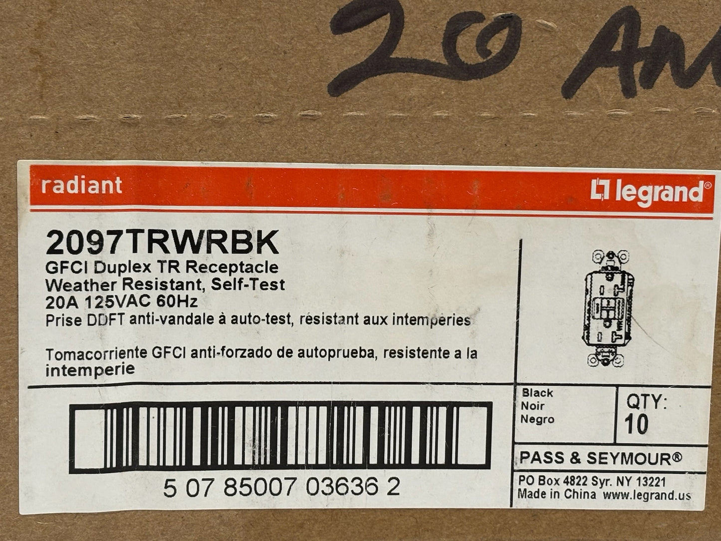 10 PK Legrand 2097TRWRBK 20A Tamper-Resistant Self-Test GFCI Outlet, Black