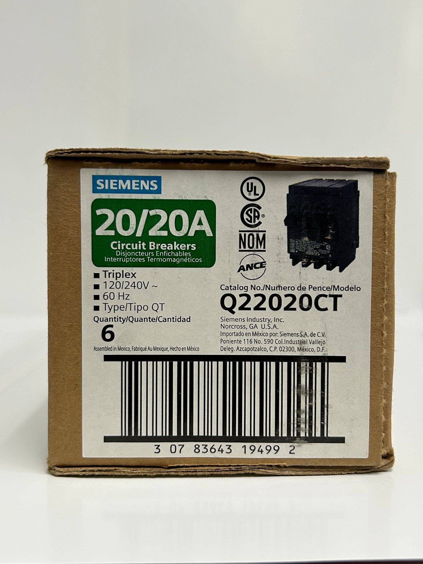 SIEMENS Q22020CT Circuit Breaker TRIPLEX 20/20Amp 120/240V 60Hz QT (6 Pack)