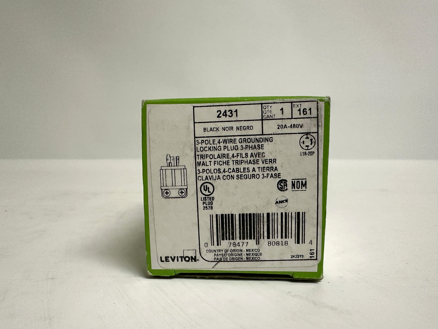 3 PK Leviton (2431)  Locking Plug, L16-20P, 3 Pole, 20A, 4 Wire, Black/White
