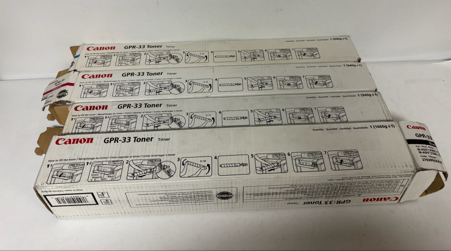 4 New Open OEM Canon iRA C7055, C7065, C7260, C7270 GPR-33, GPR33 CMYK Toners