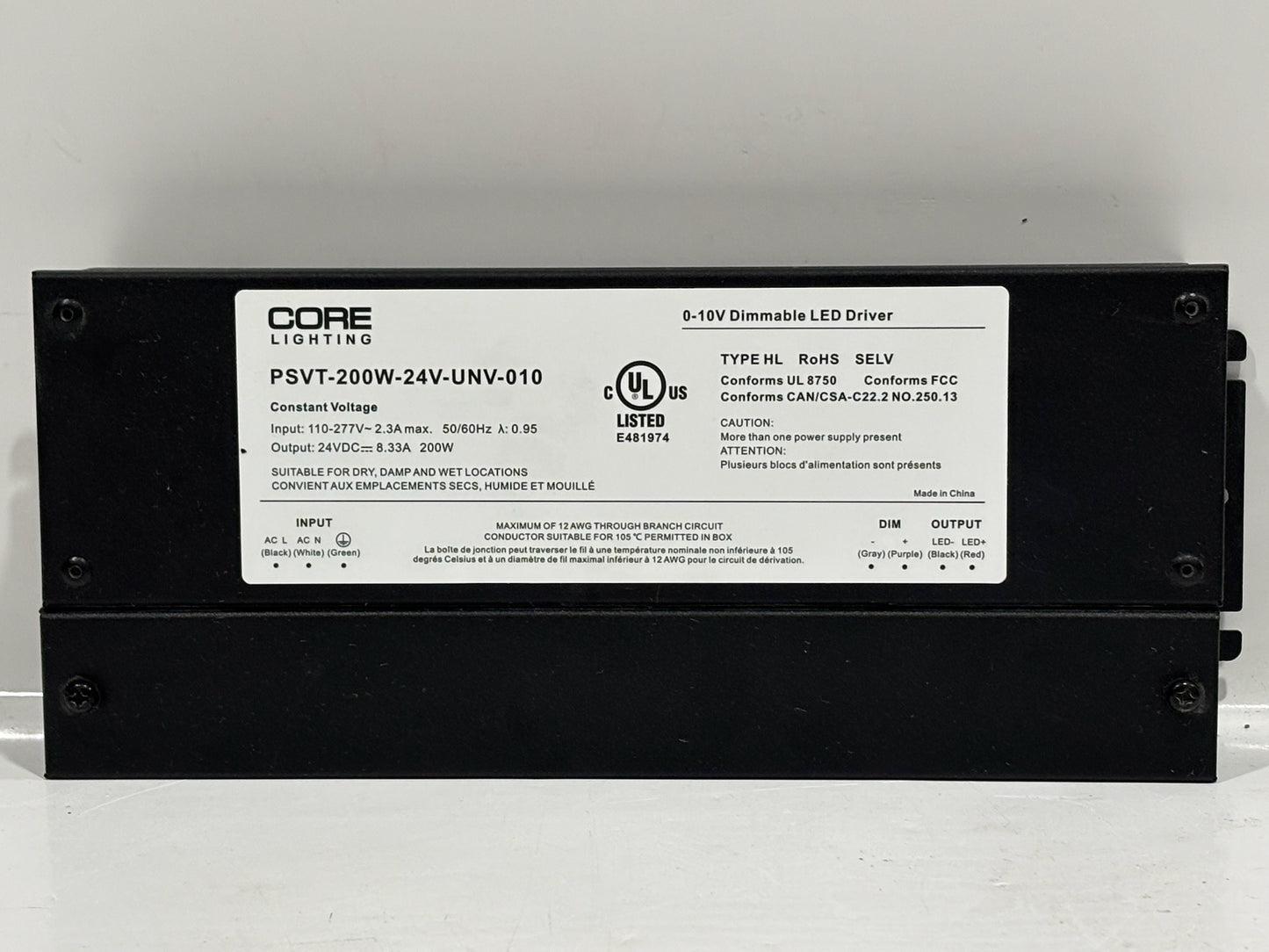 Core Lighting PSVT 200W 24V LED Driver with 0–10V Dimming, IP66 Rated