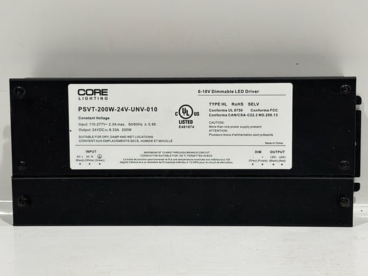 Core Lighting PSVT 200W 24V LED Driver with 0–10V Dimming, IP66 Rated
