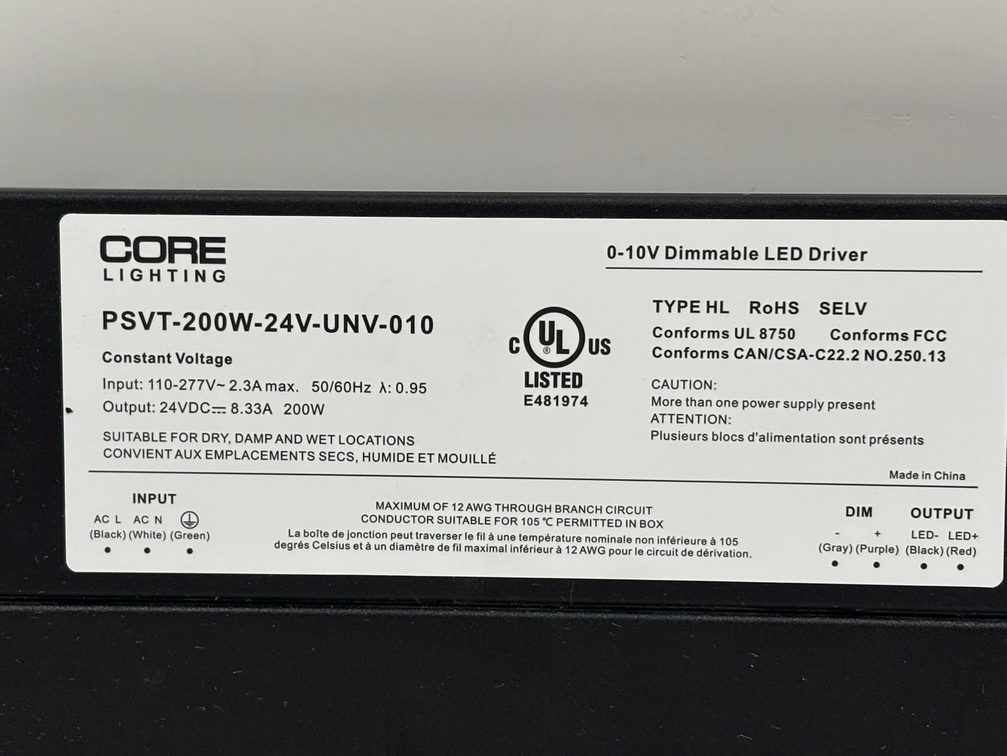 Core Lighting PSVT 200W 24V LED Driver with 0–10V Dimming, IP66 Rated