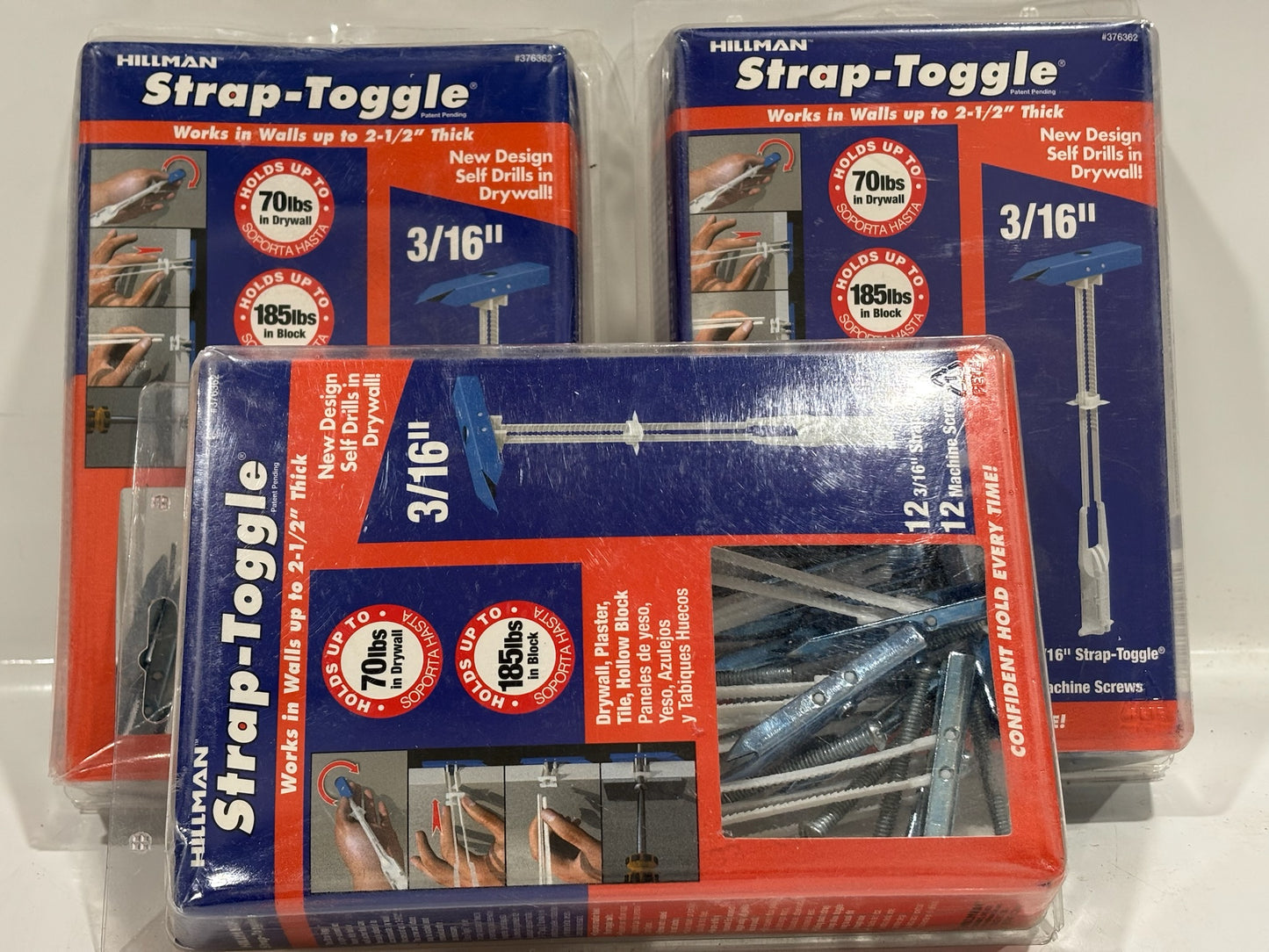3 PK Hillman 376362 3/16" Strap Toggle with #10x2½" Machine Screw, 12-Pack