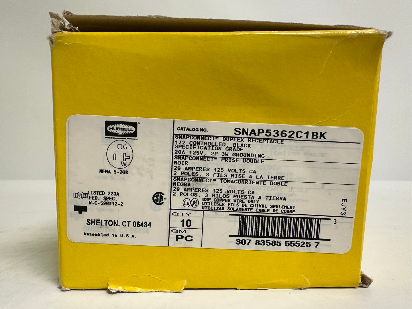 10 PK Hubbell (SNAP5362C1BK) Duplex Receptacle, 20A, 125V, 2-Pole, Black