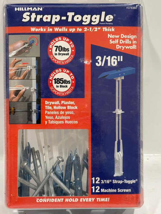3 PK Hillman 376362 3/16" Strap Toggle with #10x2½" Machine Screw, 12-Pack