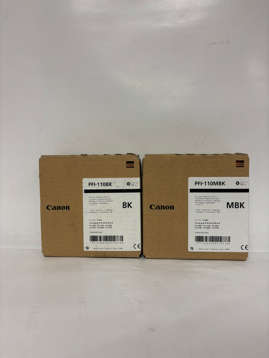 2 New OEM Canon TX2000,TX3000,TX4000 Ink Tanks PFI-110BK, PFI-110MBK (EXP: 2023)