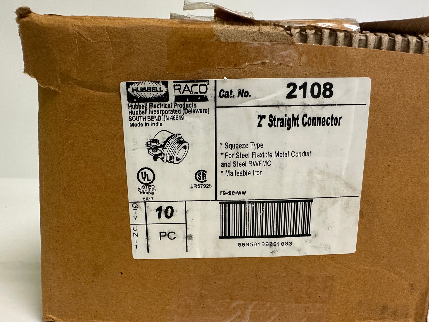 10 PK Raco (2108) 2"  Flex Straight Squeeze Connector, Uninsulated, Iron