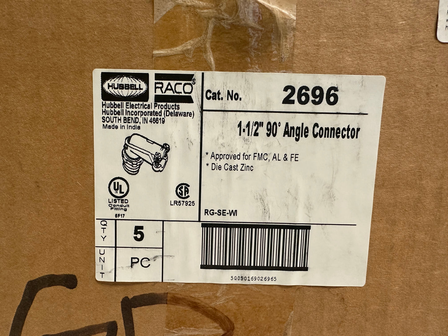 5 PK Raco (2696) 1 1/2" 90° Angle Connector, Squeeze Flex, Die-Cast Zinc