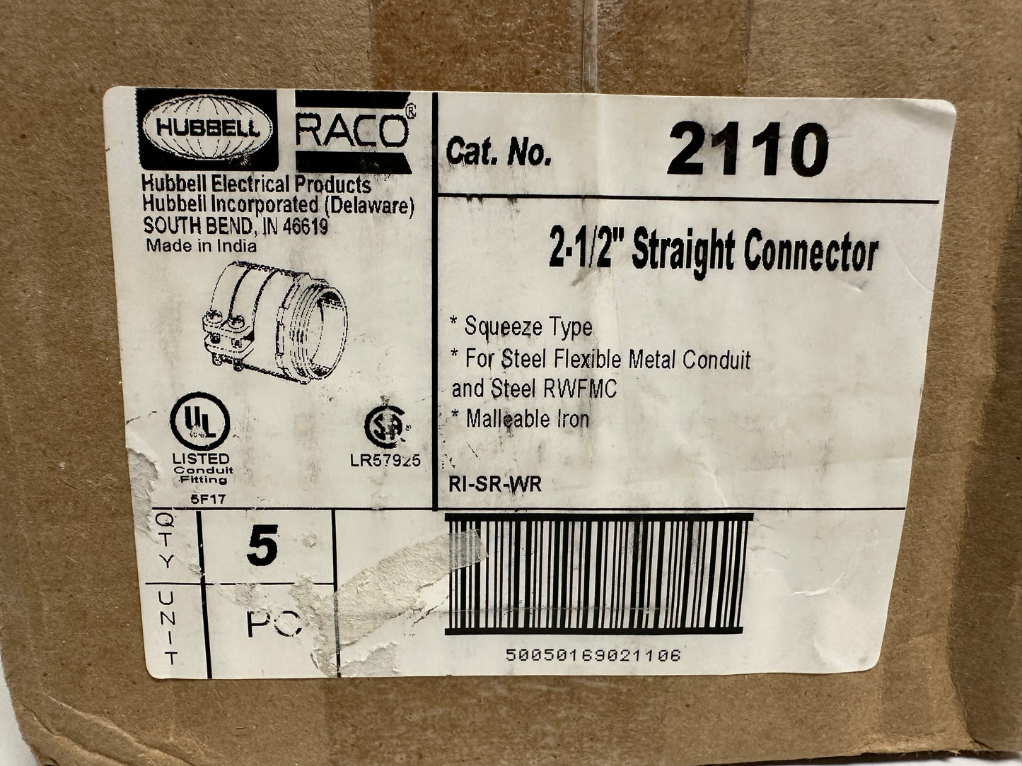5 PK Raco (2110) 2 1/2" Straight Malleable Squeeze Flex Connector, Uninsulated