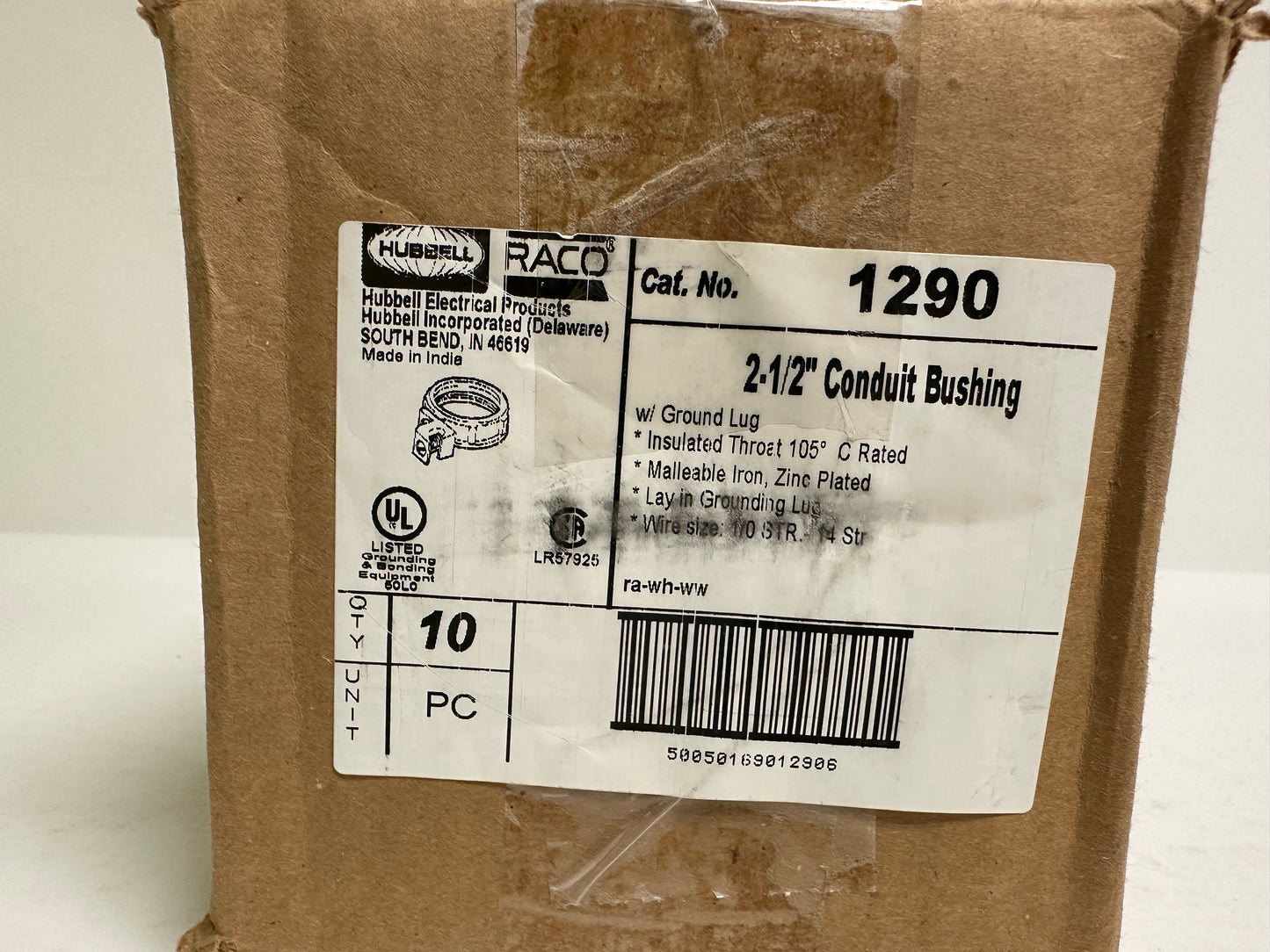 10PK Raco (1290) 2 1/2" Conduit Bushing w/ Ground Lug, Insulated Throat, C Rated