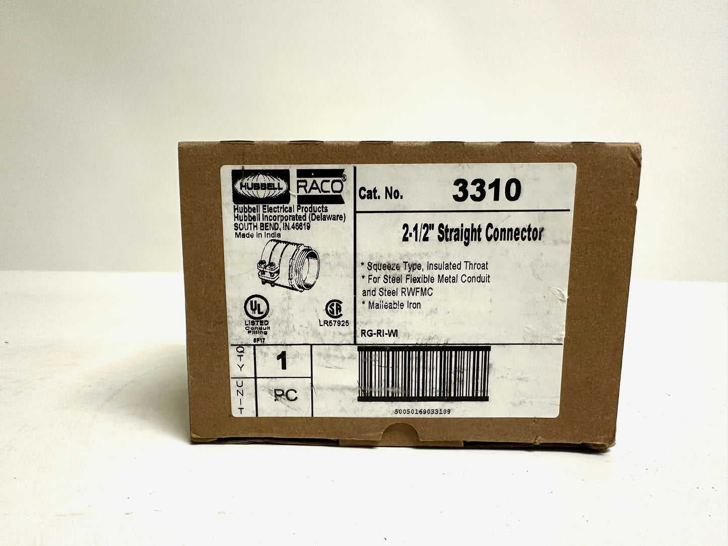 2 PK Raco (3310) 2 1/2" Straight Squeeze Connector,  Insulated Throat, Iron