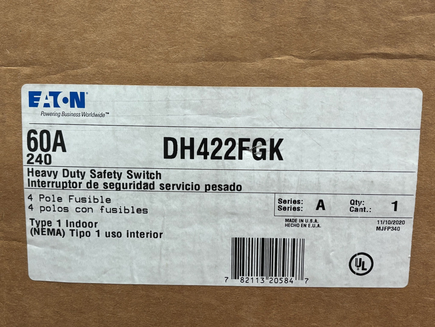Eaton DH422FGK 60 A 4‑Pole Fusible Heavy-Duty Safety Switch (240 VAC, NEMA 1)