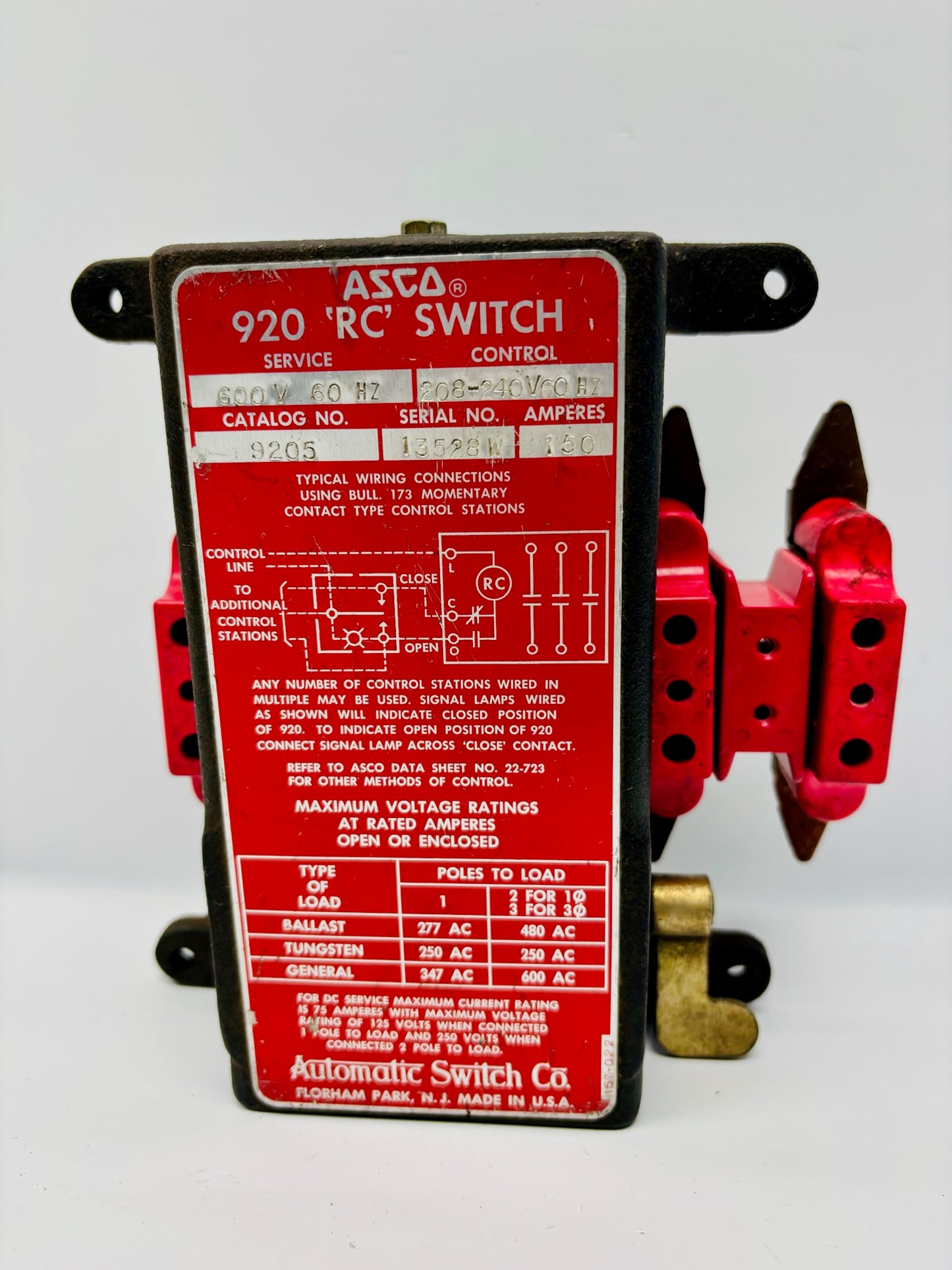 ASCO 9205 Remote Control Switch 150 A 600 V AC 115 V Coil