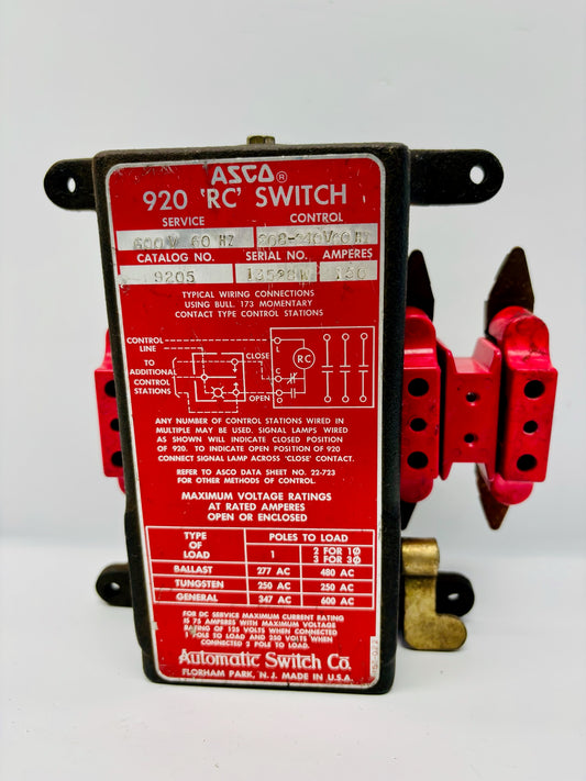 ASCO 9205 Remote Control Switch 150 A 600 V AC 115 V Coil