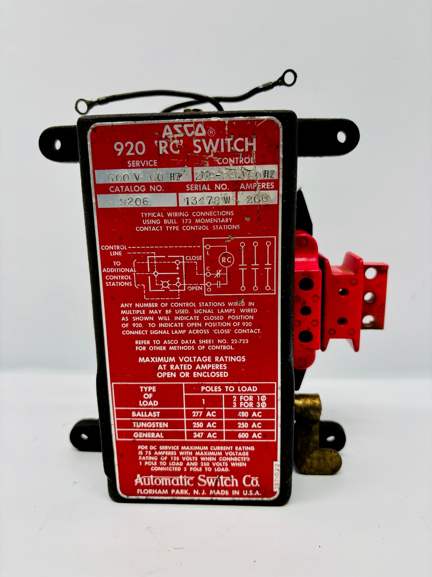 ASCO 9206 Remote Control Switch 150 A 600 V AC 60 Hz 115 V Coil