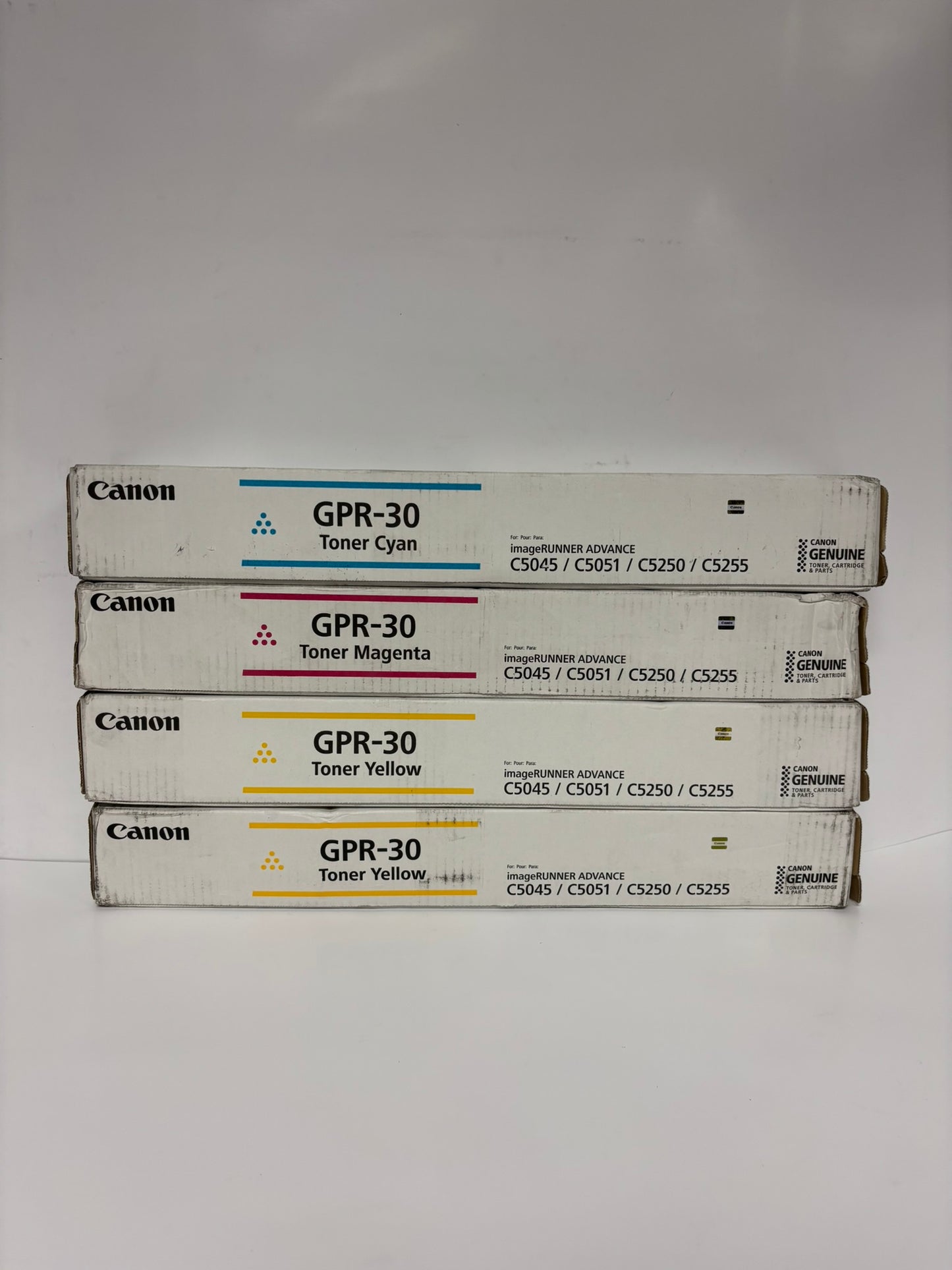 4 Genuine Canon iR ADVANCE C5045,C5051,C5250,C5255 GPR-30 CMYY Toners (No Black)