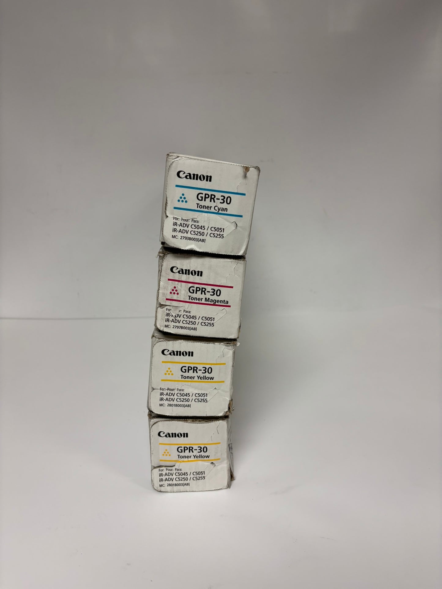 4 Genuine Canon iR ADVANCE C5045,C5051,C5250,C5255 GPR-30 CMYY Toners (No Black)