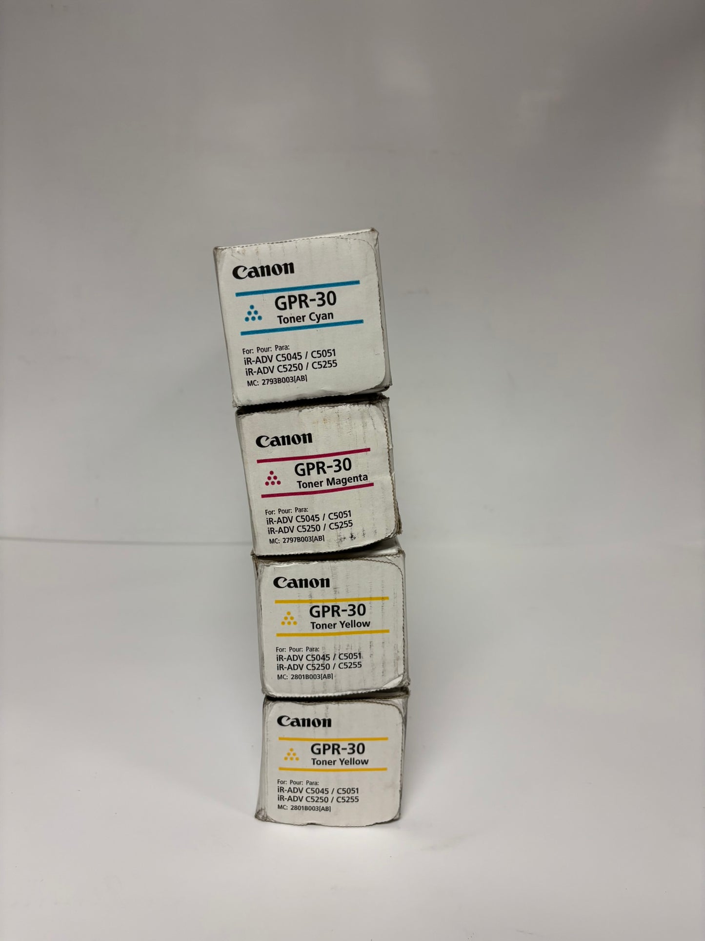 4 Genuine Canon iR ADVANCE C5045,C5051,C5250,C5255 GPR-30 CMYY Toners (No Black)