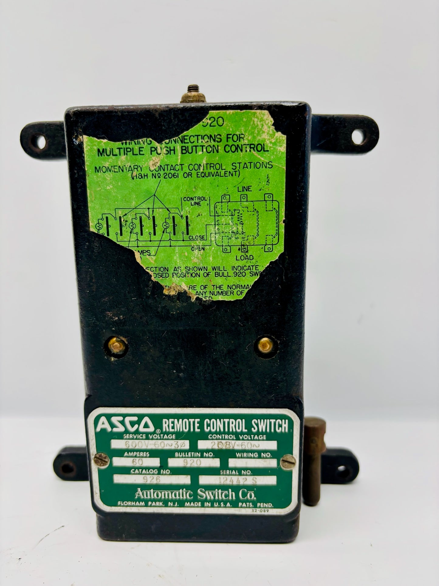 ASCO 926 Remote Control Switch 150 A 600 V AC 60 Hz 115 V Coil
