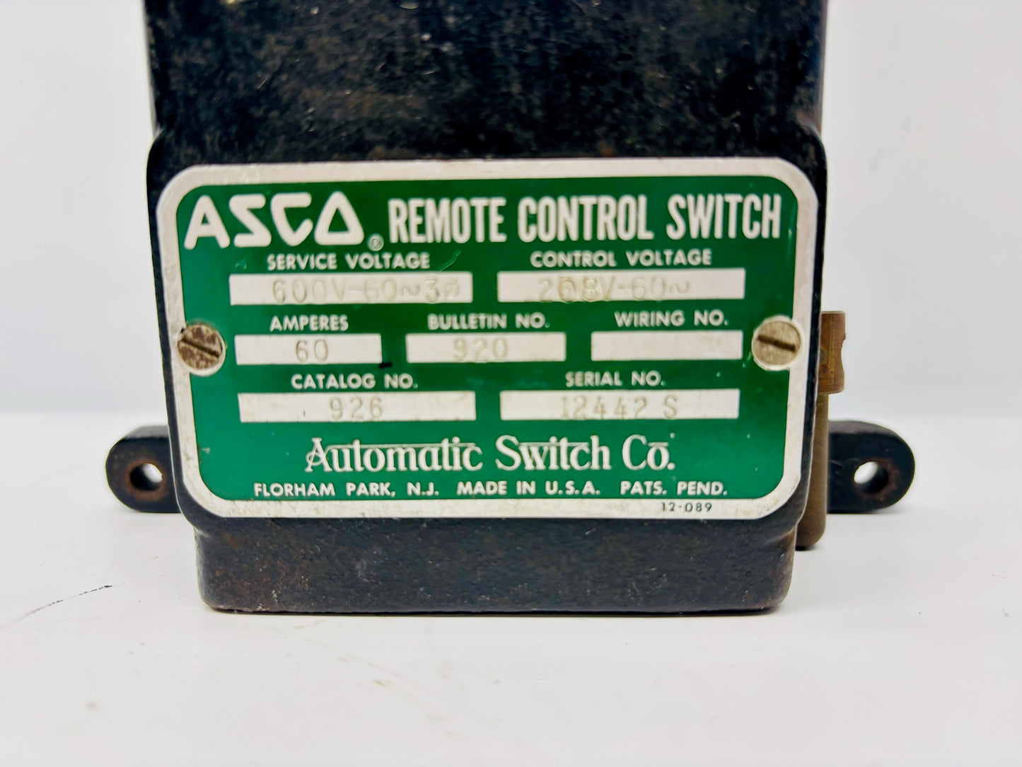 ASCO 926 Remote Control Switch 150 A 600 V AC 60 Hz 115 V Coil