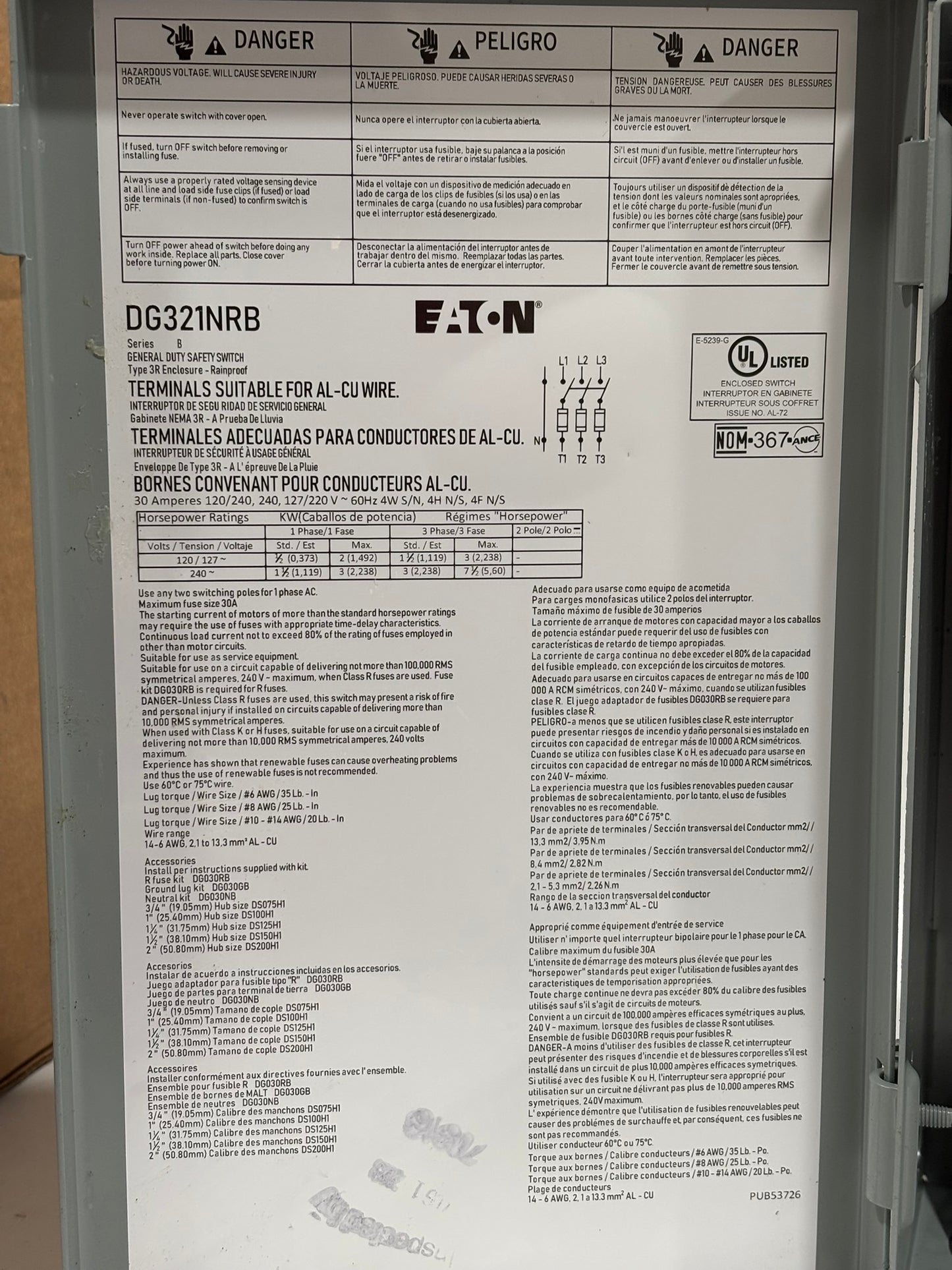 Eaton DG321NRB 30A 240 V 3-Pole Fusible Safety Switch, NEMA 3R Rainproof