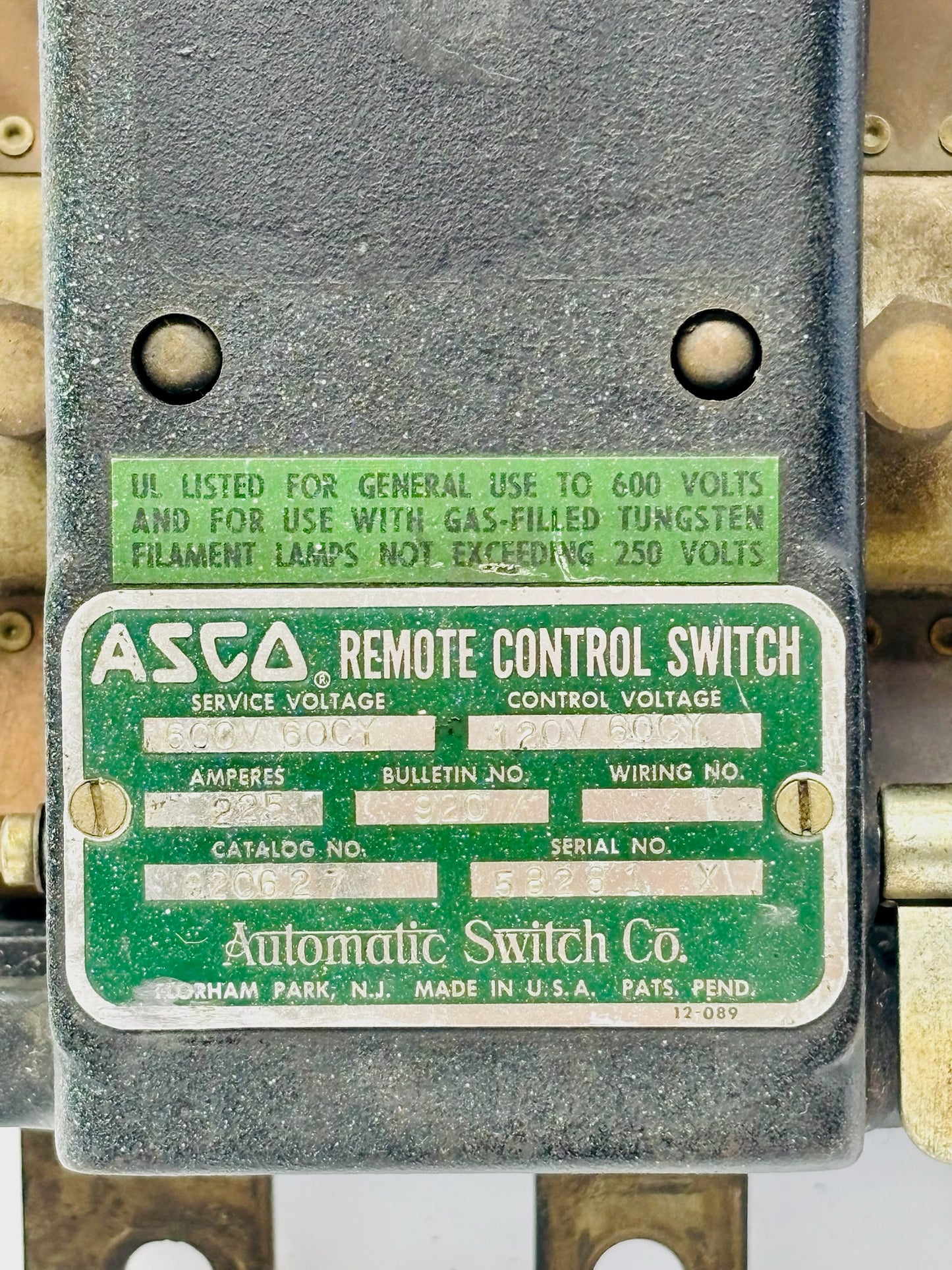 Asco 920 Remote Control Switch with 92067 Solenoid‑Operated Pneumatic Valve