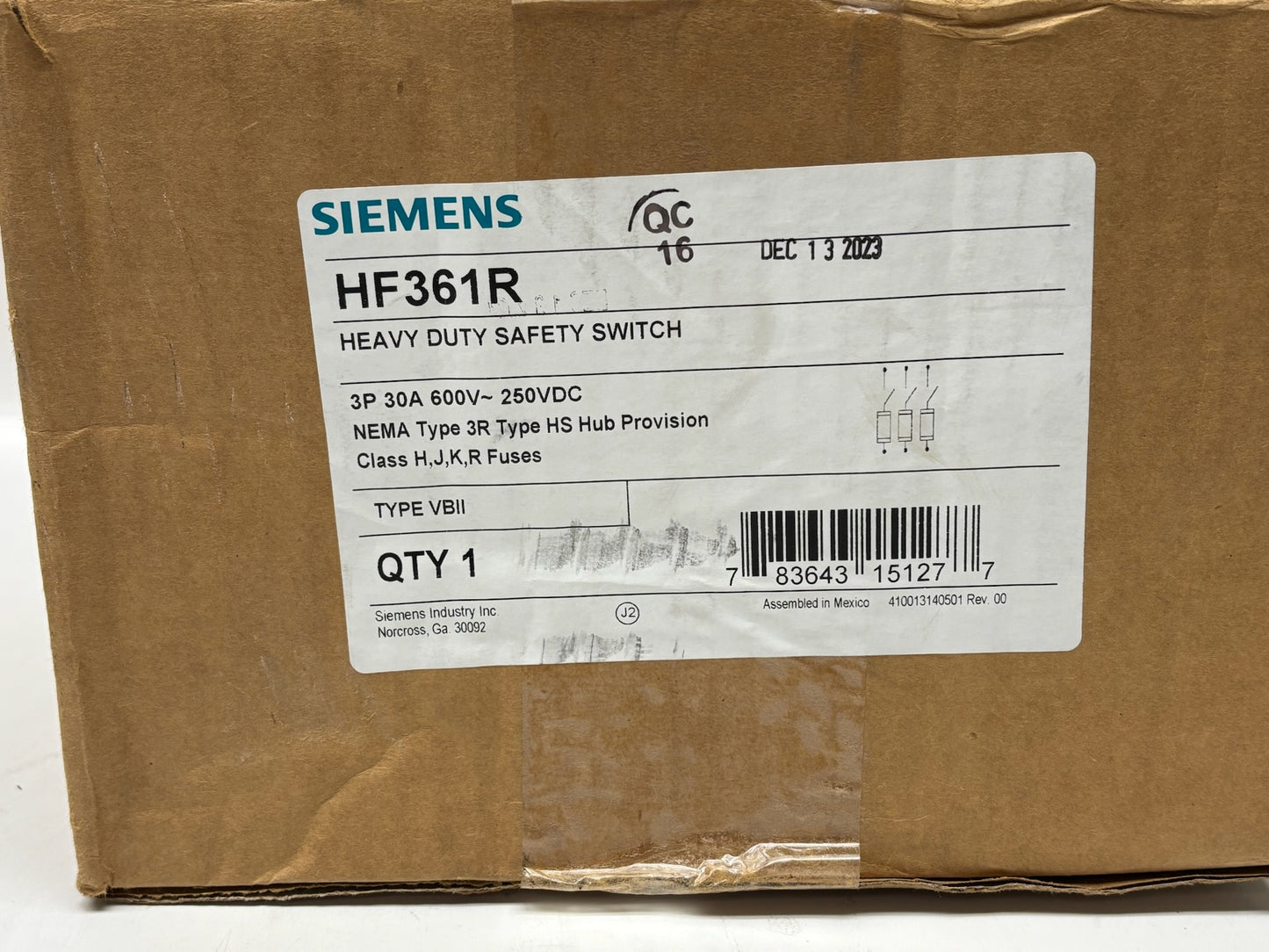 Siemens HF361R 30A 600V 3-Pole Fusible Safety Switch, NEMA 3R