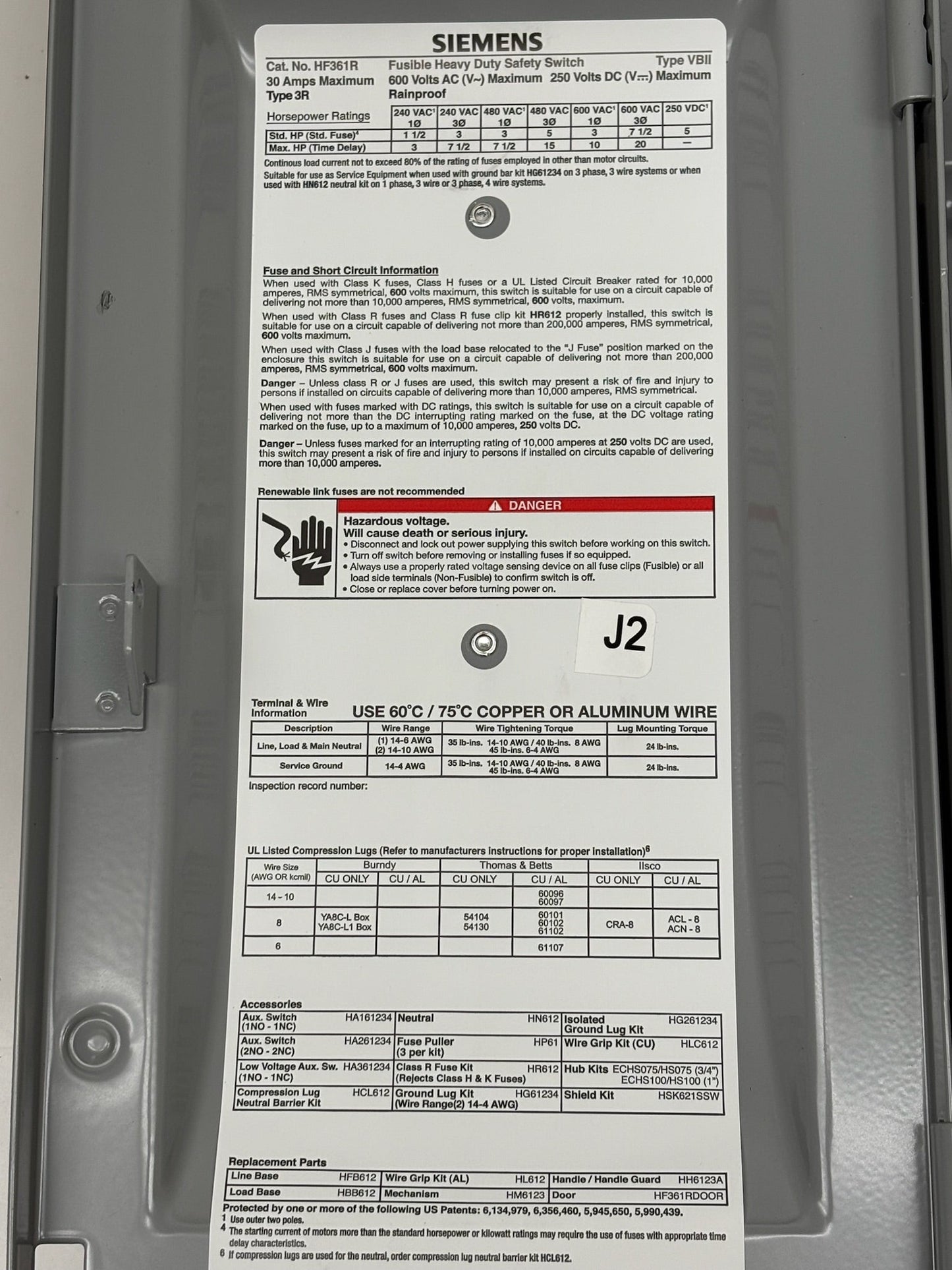 Siemens HF361R 30A 600V 3-Pole Fusible Safety Switch, NEMA 3R