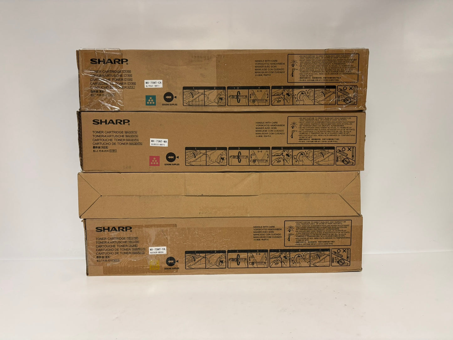 4 Genuine Sharp MX6500N,MX7090N,MX7500N, MX8090N MX-75 CMYY Toners (No Black)