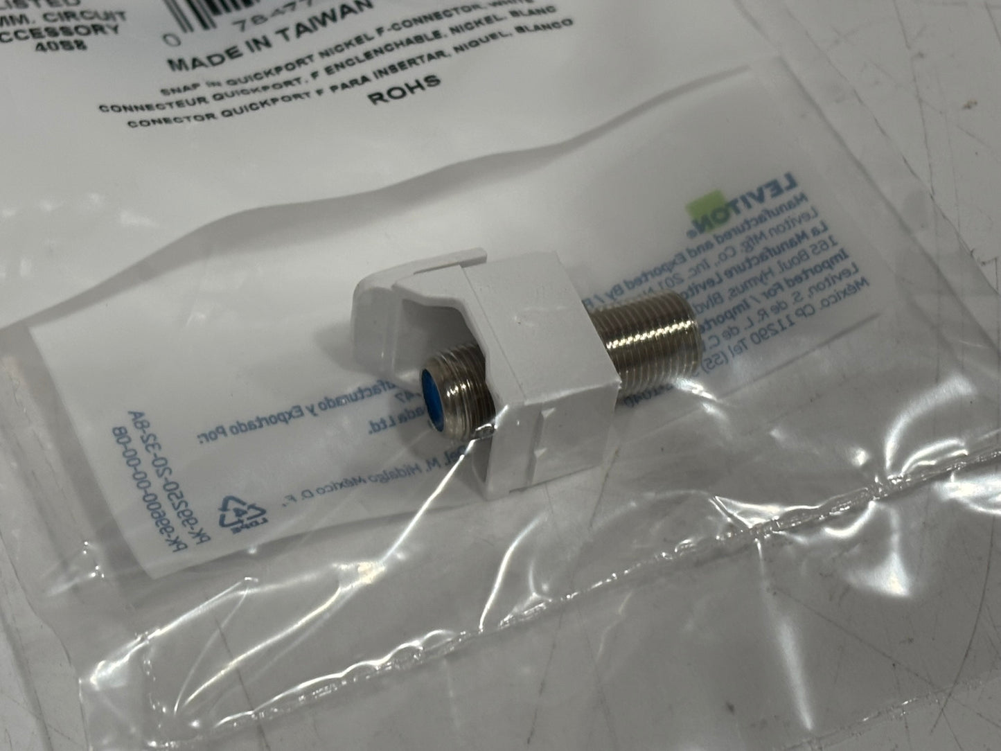 50 PK Leviton 252-41084-FWF QuickPort F-Connector Adapter, White, 75 Ohm