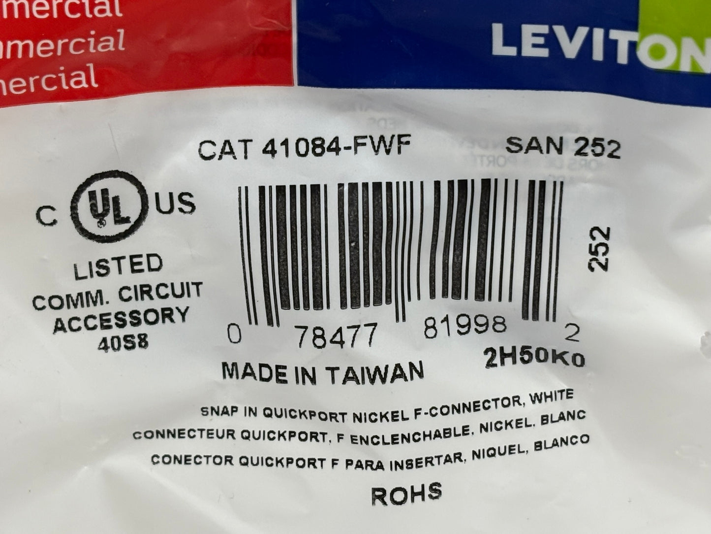 50 PK Leviton 252-41084-FWF QuickPort F-Connector Adapter, White, 75 Ohm