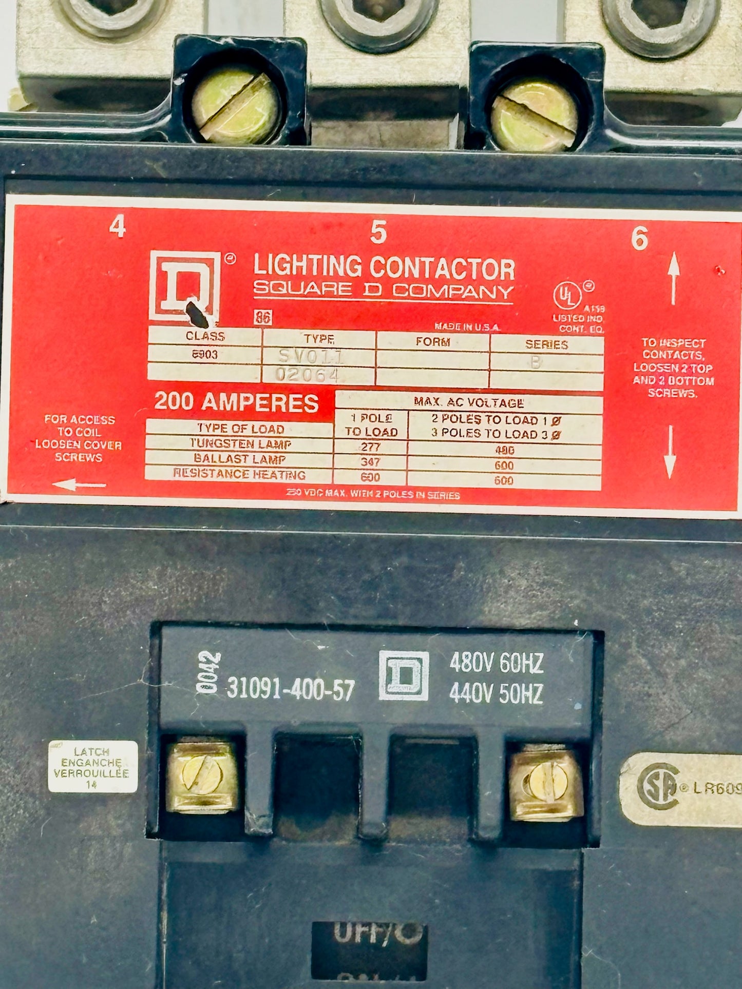 Square D 8903SV011 3-Pole Lighting Contactor 200A