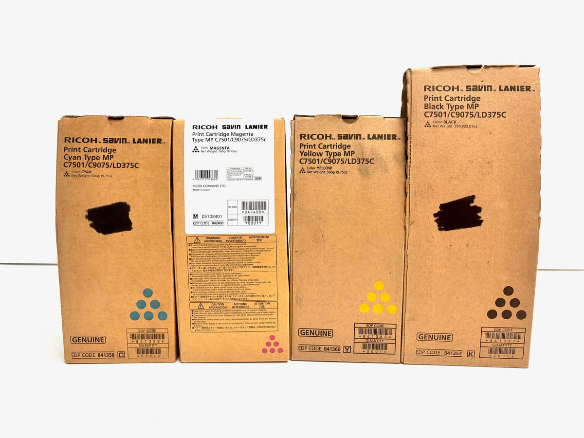 4 Genuine Ricoh C7501,C9075,LD375C CMYK Toners 841357, 841358, 841360, 842400