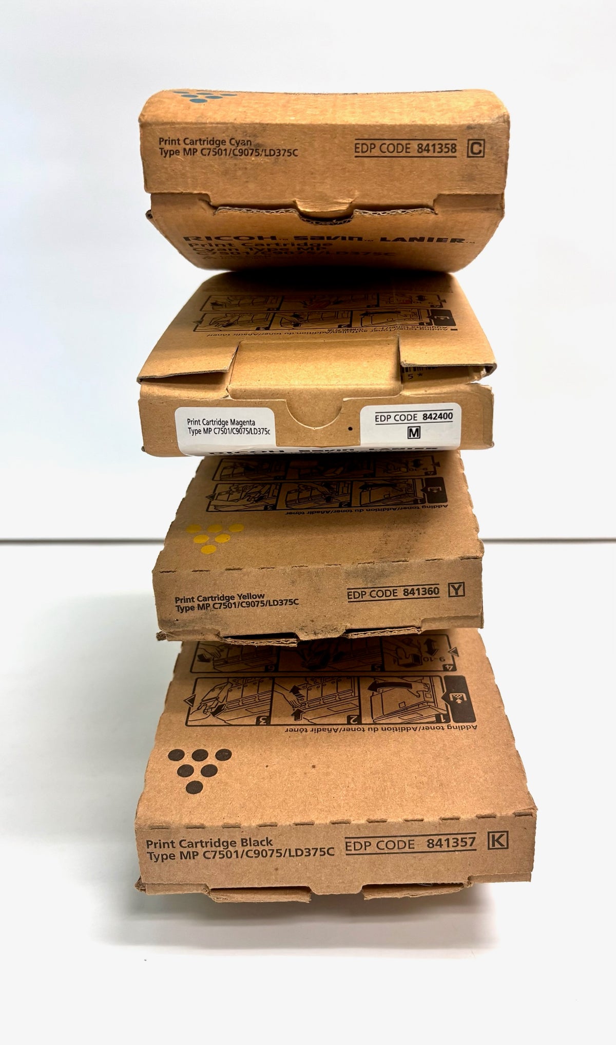 4 Genuine Ricoh C7501,C9075,LD375C CMYK Toners 841357, 841358, 841360, 842400