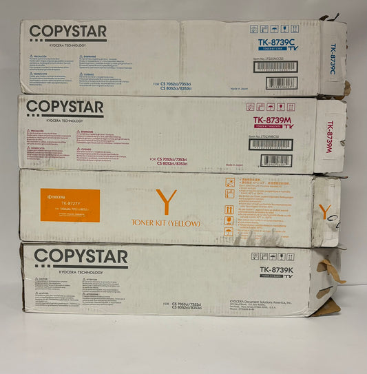 4 Genuine Kyocera 7052ci,7353ci,8052ci,8353ci CMYK Toners TK-8739CMK & TK-8727Y