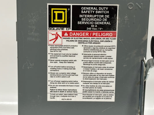 Open Box Square D DU322 60A 240V Safety Switch – Scratched Surface