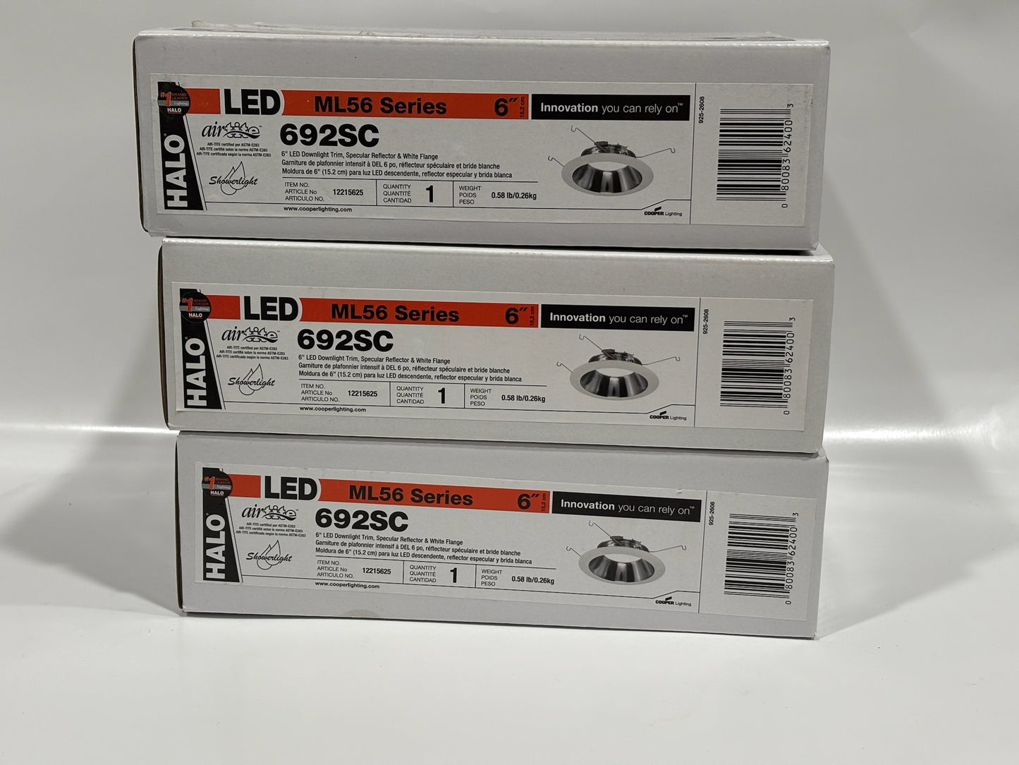 3 Pk Halo 6925C 6" LED Reflector Trim – Specular Clear with White Flange