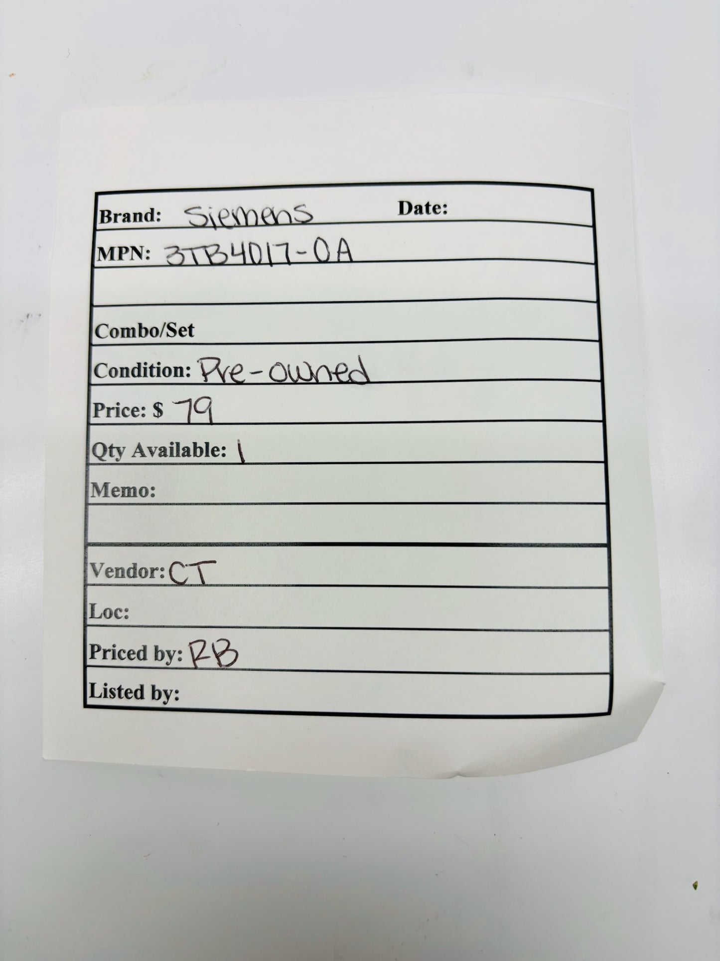 Siemens 3TB4017-0A three pole motor control contactor