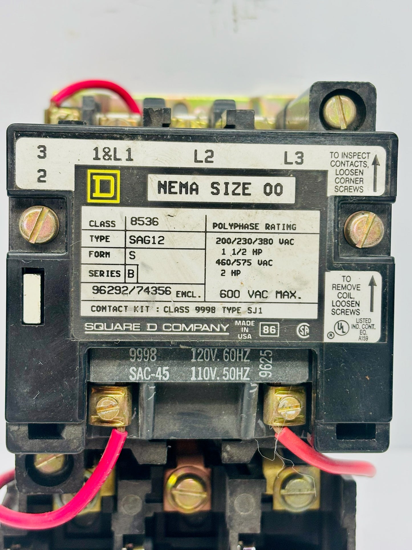 Square D 8536SAG12 NEMA Size 00 Magnetic Motor Starter